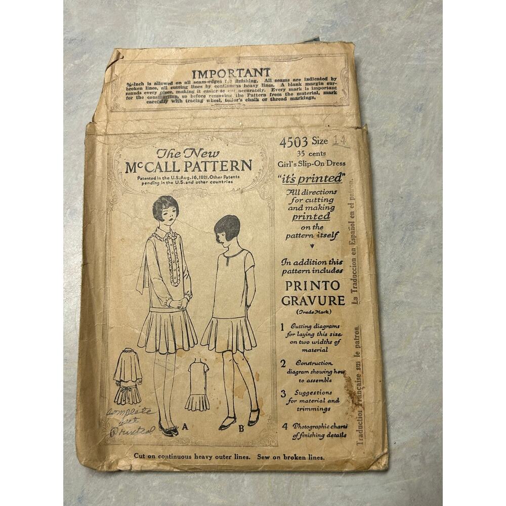 Vintage 1920's McCall Pattern #4503 Girls Flapper‎ Style Dress Size 14 Bust 32"